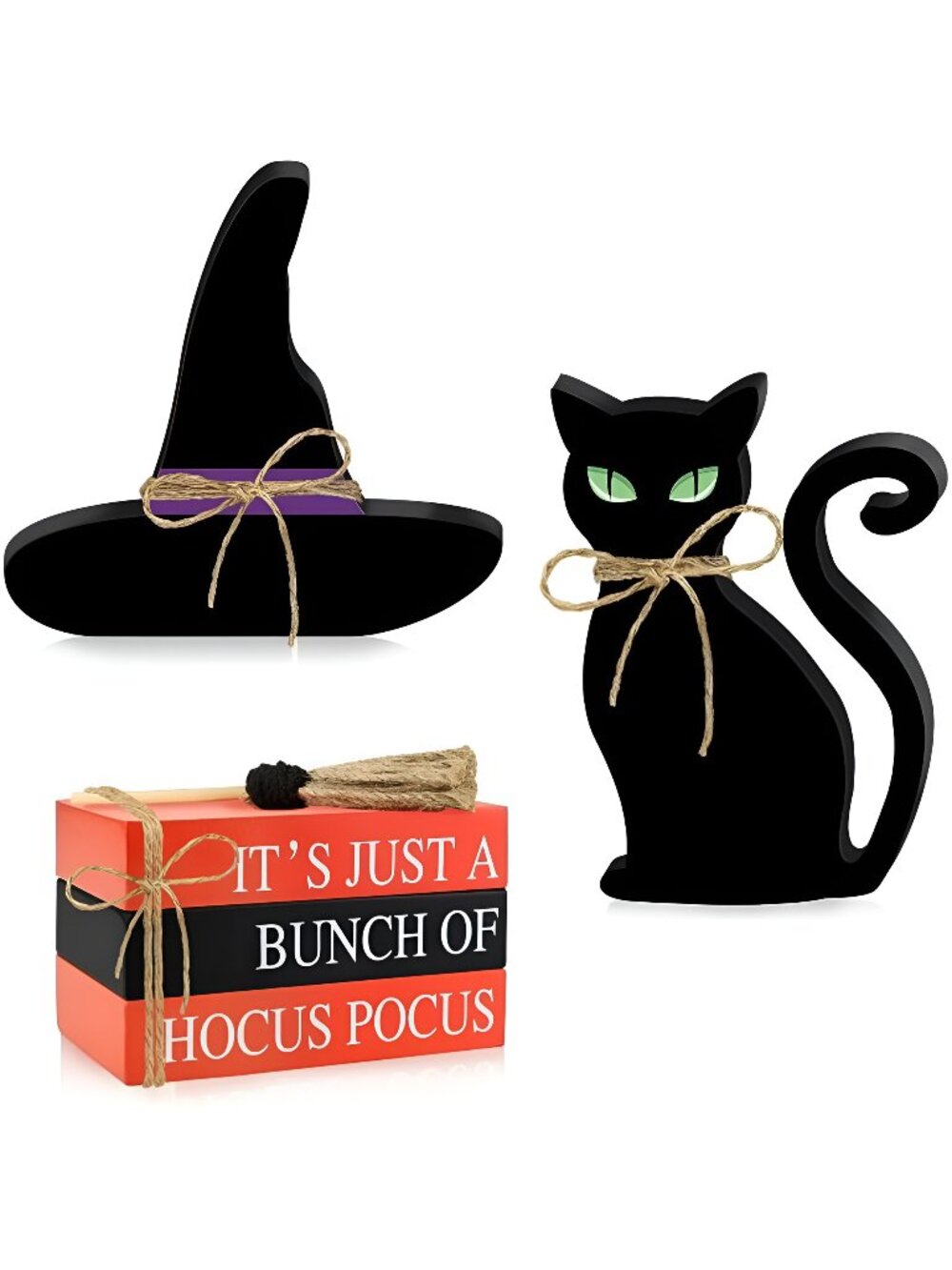 5PCS Halloween Wooden Signs - 3 PCS Faux Wood Books Stack & 1PCS Witch Hat
